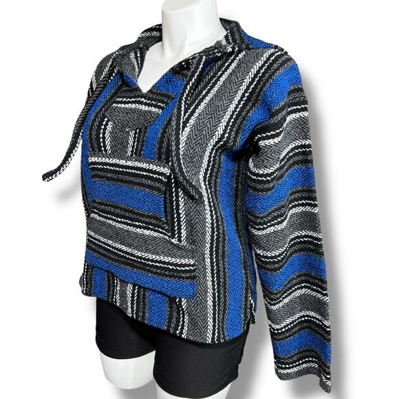 Vintage Artisanias Mickey Unisex Baja Hoodie Hooded Sweatshirt Woven Blue Black - Picture 5 of 6